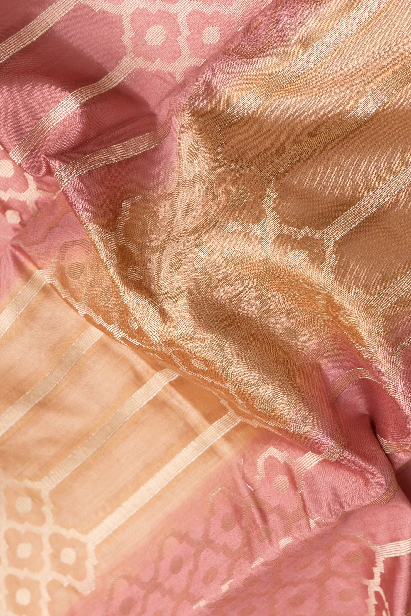 Close up of Multi Color Banarasi Raw Silk Saree with Zari Brocade on the body and Zari Border.  displaying folds