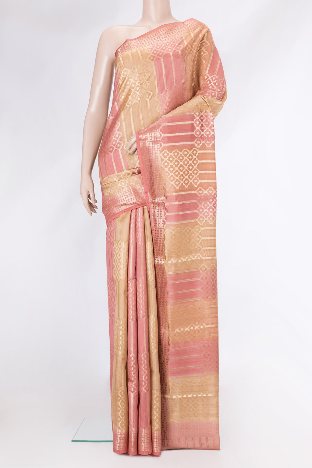 Multi Color Banarasi Raw Silk Saree with Zari Brocade on the body and Zari Border.  displayed on a mannequin