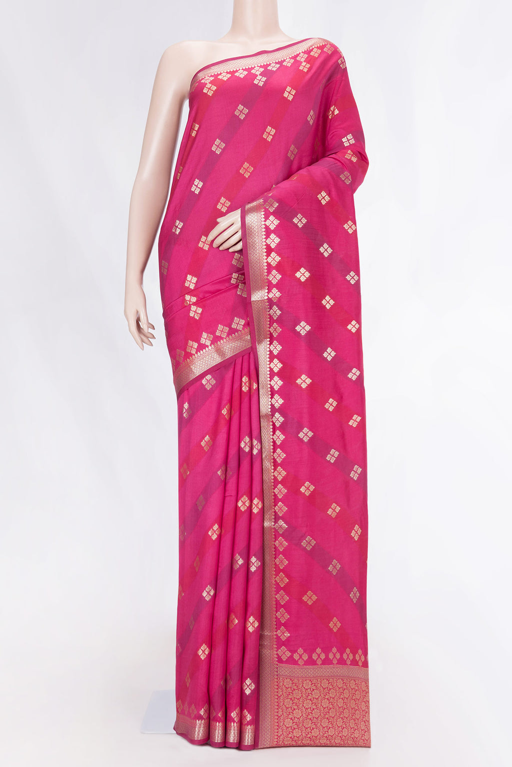 Pink Banarasi Raw Silk Saree with Zari Butta on the body and Zari Border displayed on a mannequin