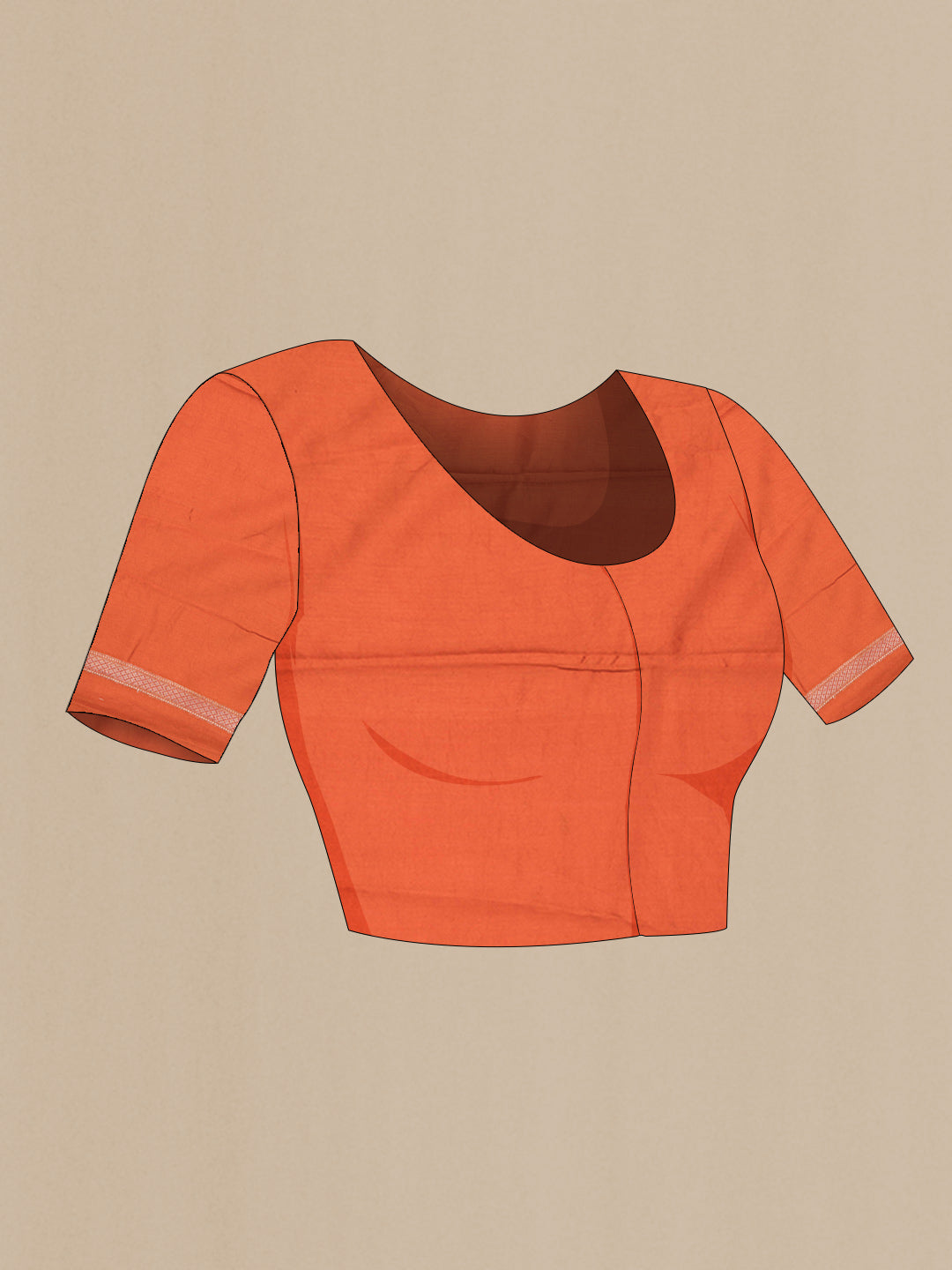 Close up image of the blouse of Orange Banarasi Raw Silk Saree with Zari Butta on the body and Zari Border