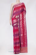 Purple and Maroon Color Tussar Silk Saree with Zari Brocade on the body and Zari Border.  displayed on a mannequin