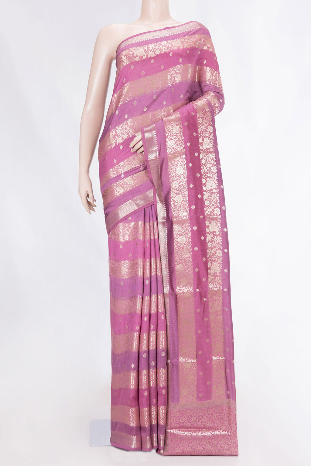 Multi Color Banarasi Raw Silk Saree with Stripes on the body and Zari Border displayed on a mannequin