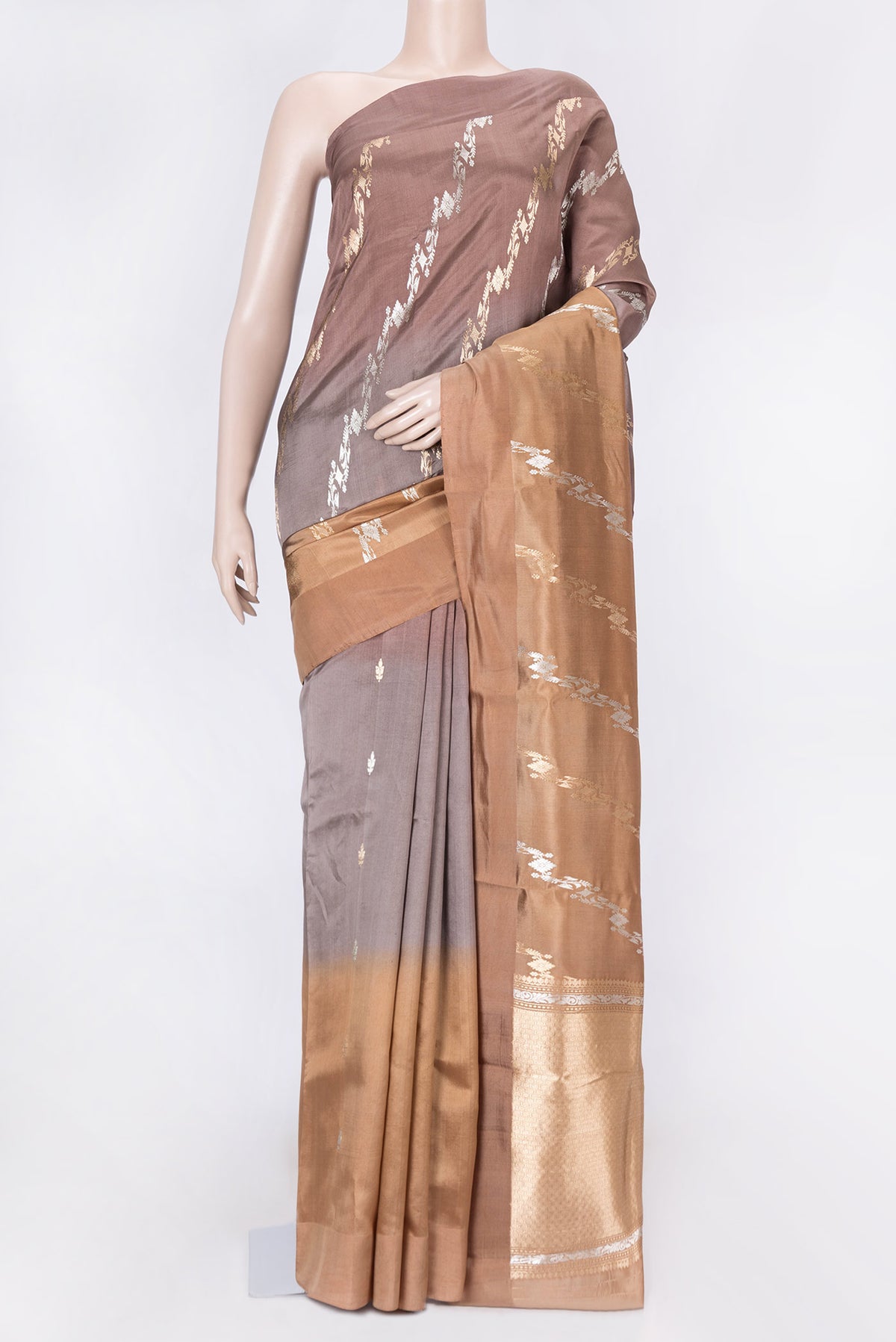 Brown and Sandal Color Tussar Silk Saree with Zari Butta on the body and Plain Border displayed on a mannequin