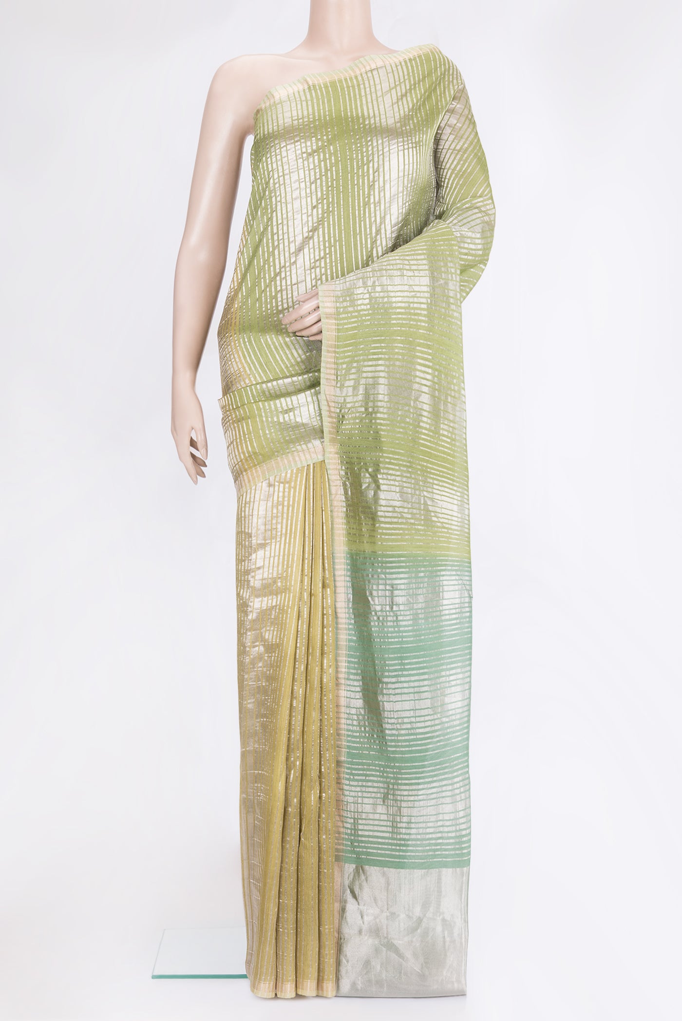 Multi Color Tussar Silk Saree with Stripes on the body and Zari Border.  displayed on a mannequin