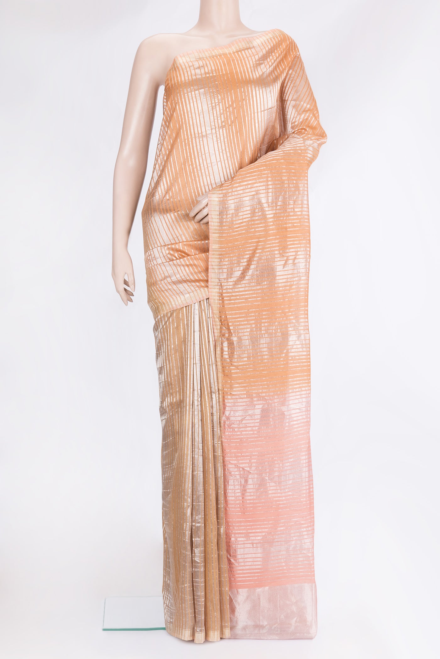 Multi Color Tussar Silk Saree with Stripes on the body and Zari Border.  displayed on a mannequin