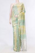 Multi Color Organza Silk Saree with Stripes on the body and Zari Border displayed on a mannequin