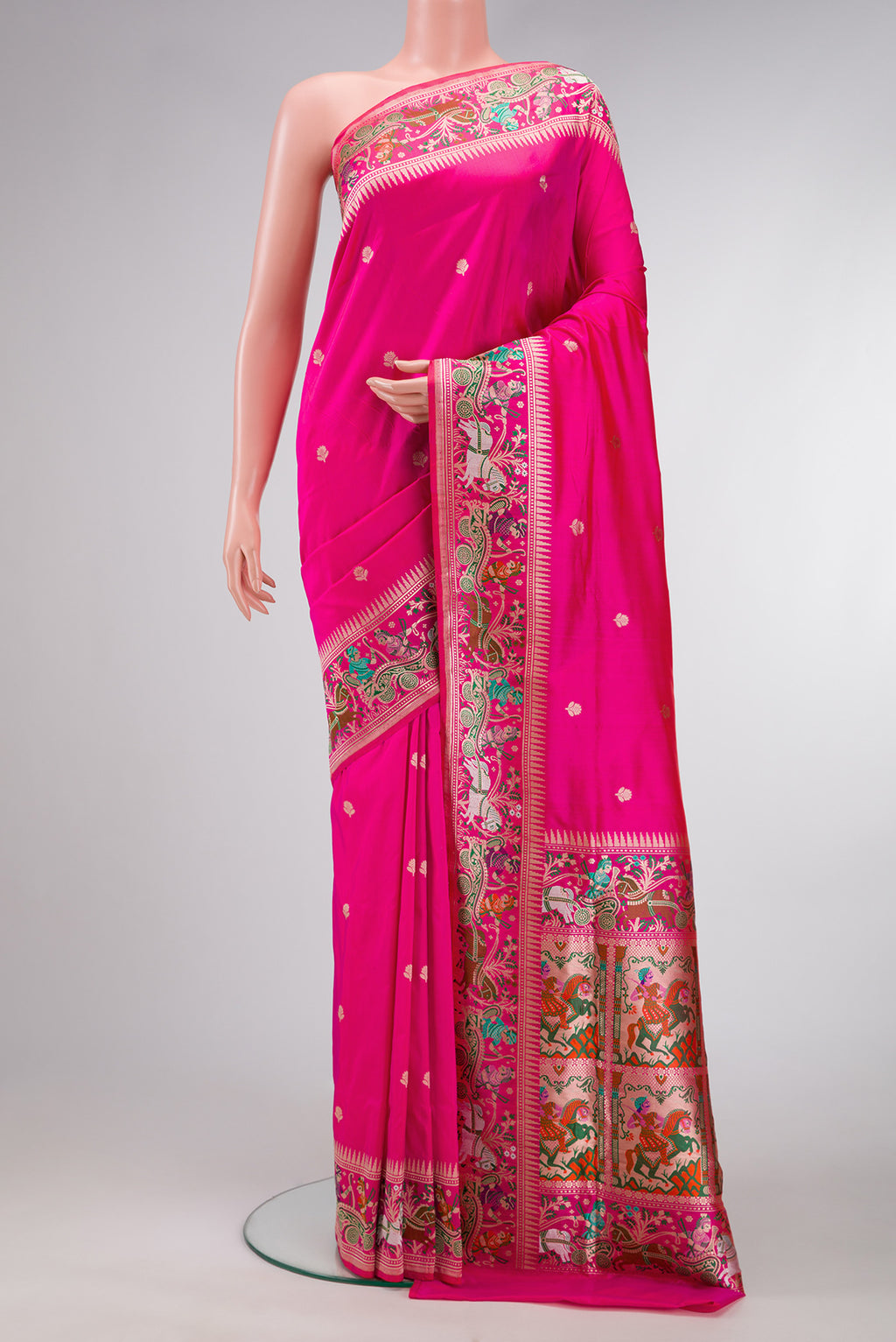 Pink Dual Tone Banarasi Silk Saree with Zari Butta on the body and Zari Border.  displayed on a mannequin