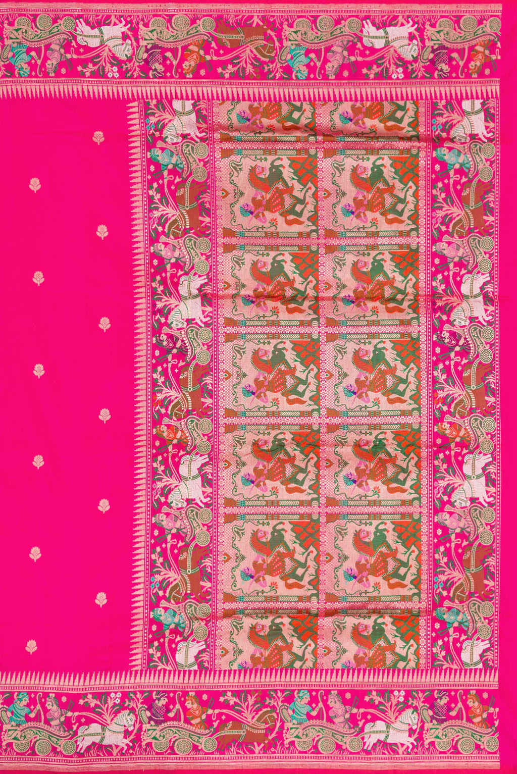 Close up image of the pallu of Pink Dual Tone Banarasi Silk Saree with Zari Butta on the body and Zari Border. 