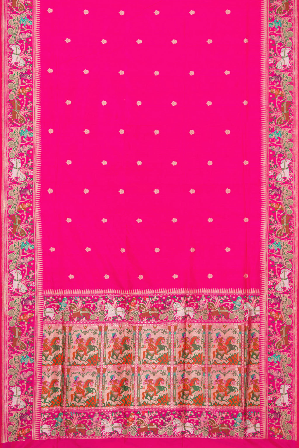 Flat view of Pink Dual Tone Banarasi Silk Saree with Zari Butta on the body and Zari Border. 