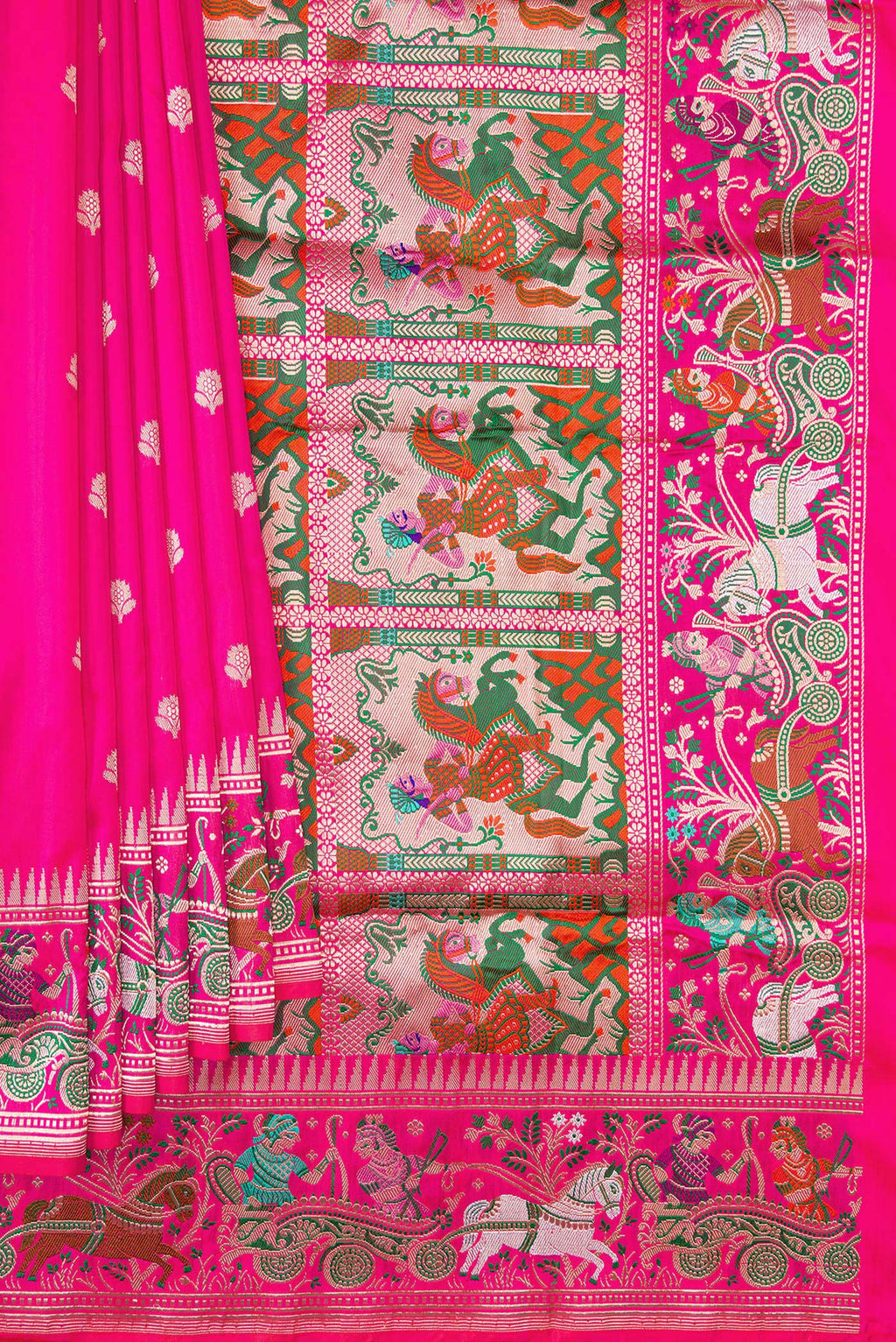 Pleats and pallu of Pink Dual Tone Banarasi Silk Saree with Zari Butta on the body and Zari Border. 