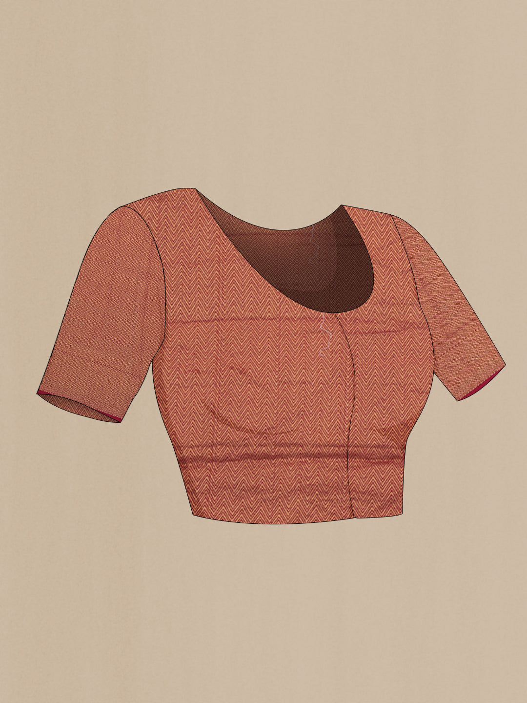 Close up image of the blouse of Maroon Tussar Silk Saree with Stripes on the body and Zari Border. 
