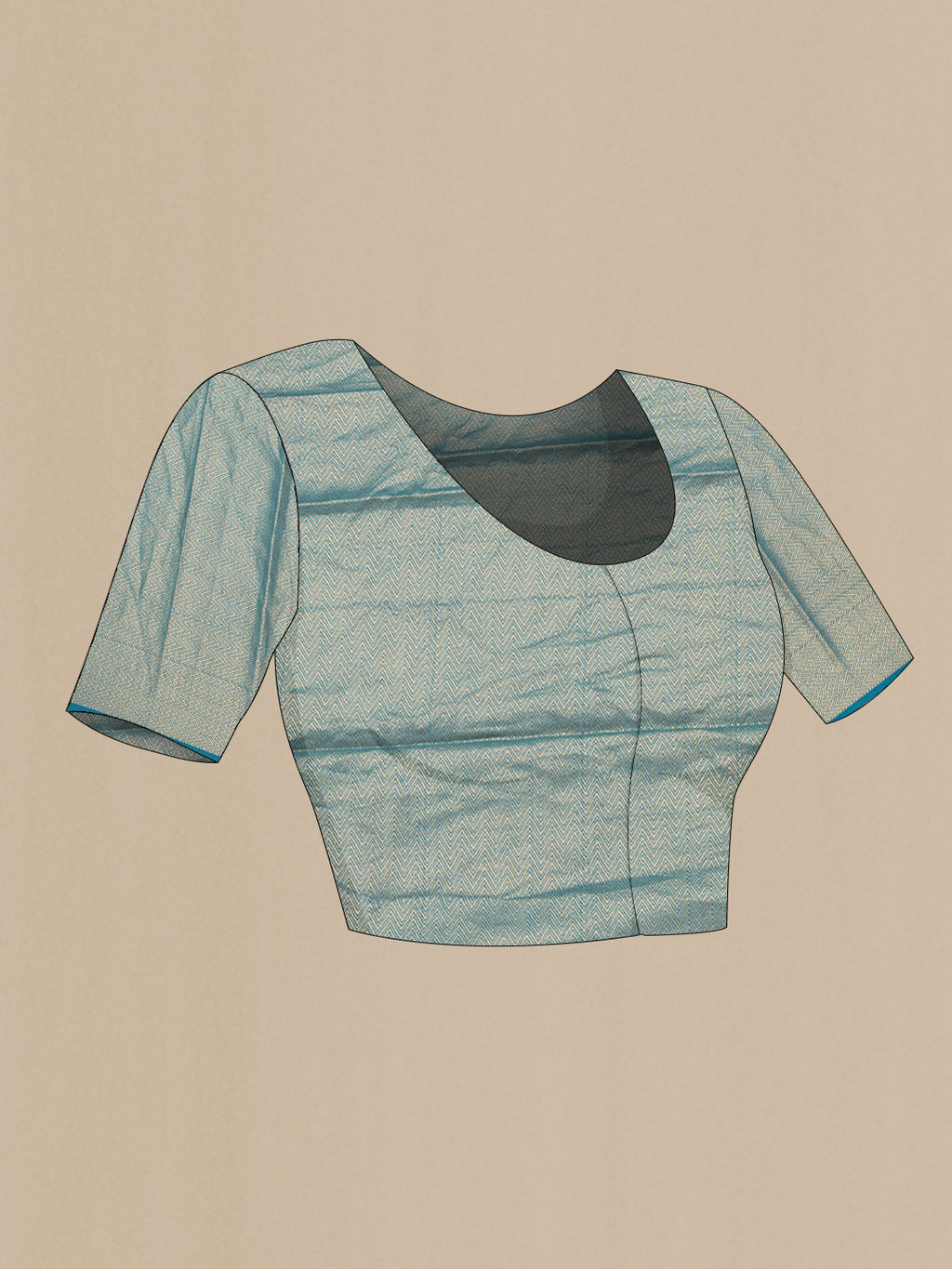 Close up image of the blouse of Sky Blue Dual Tone Tussar Silk Saree with Stripes on the body and Zari Border. 