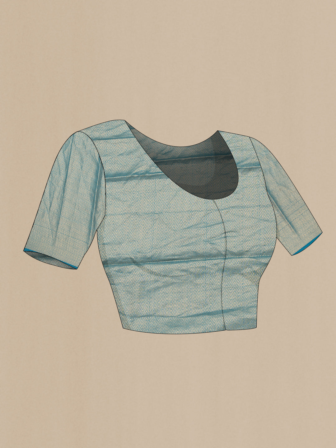 Close up image of the blouse of Sky Blue Dual Tone Tussar Silk Saree with Stripes on the body and Zari Border. 