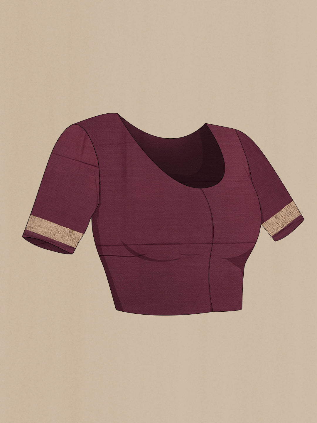 Close up image of the blouse of Burgundy Tussar Silk Saree with Polka Dots on the body and Zari Border. 