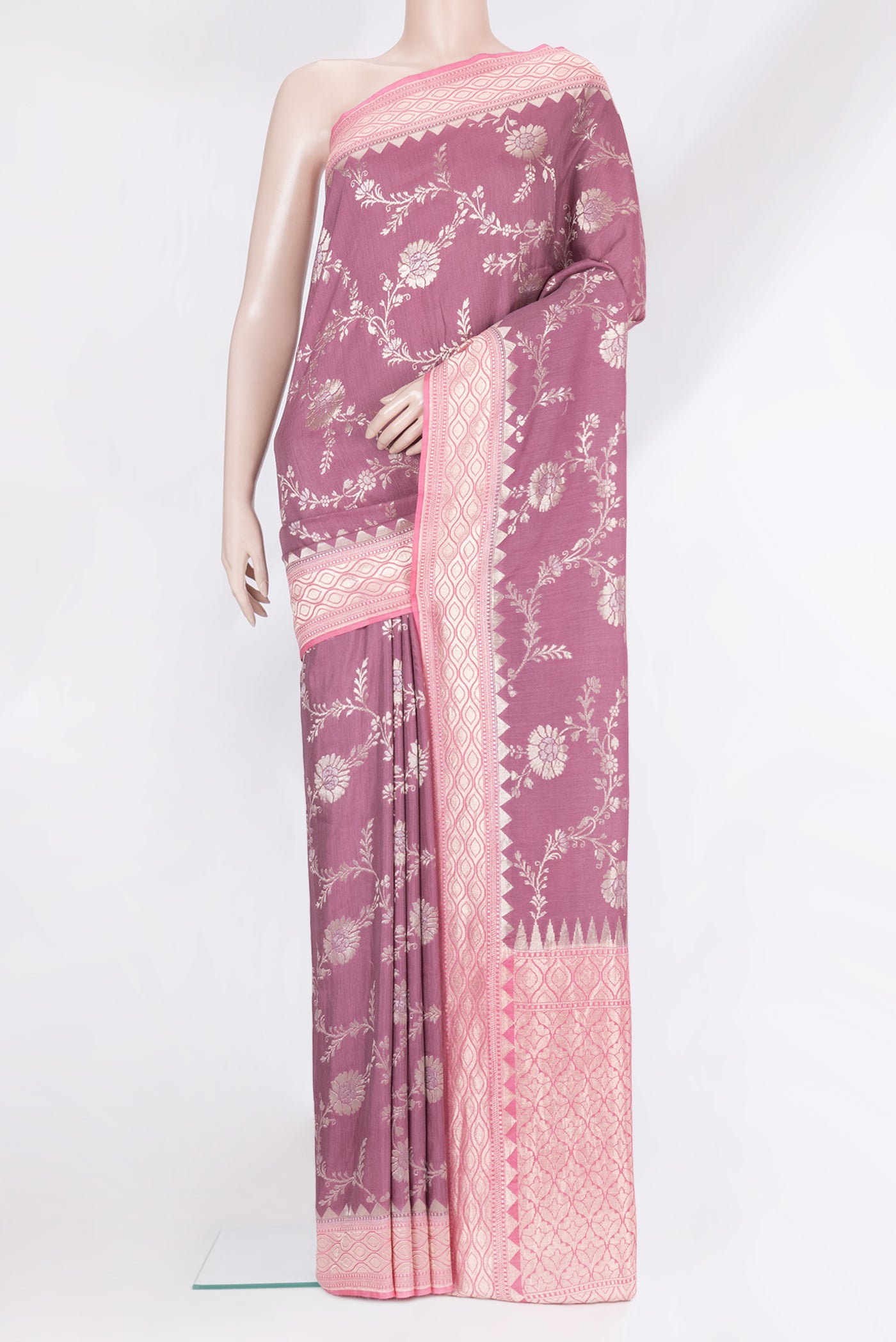 Purple Banarasi Tussar Georgette Saree with Zari Brocade on the body and Zari Border.  displayed on a mannequin