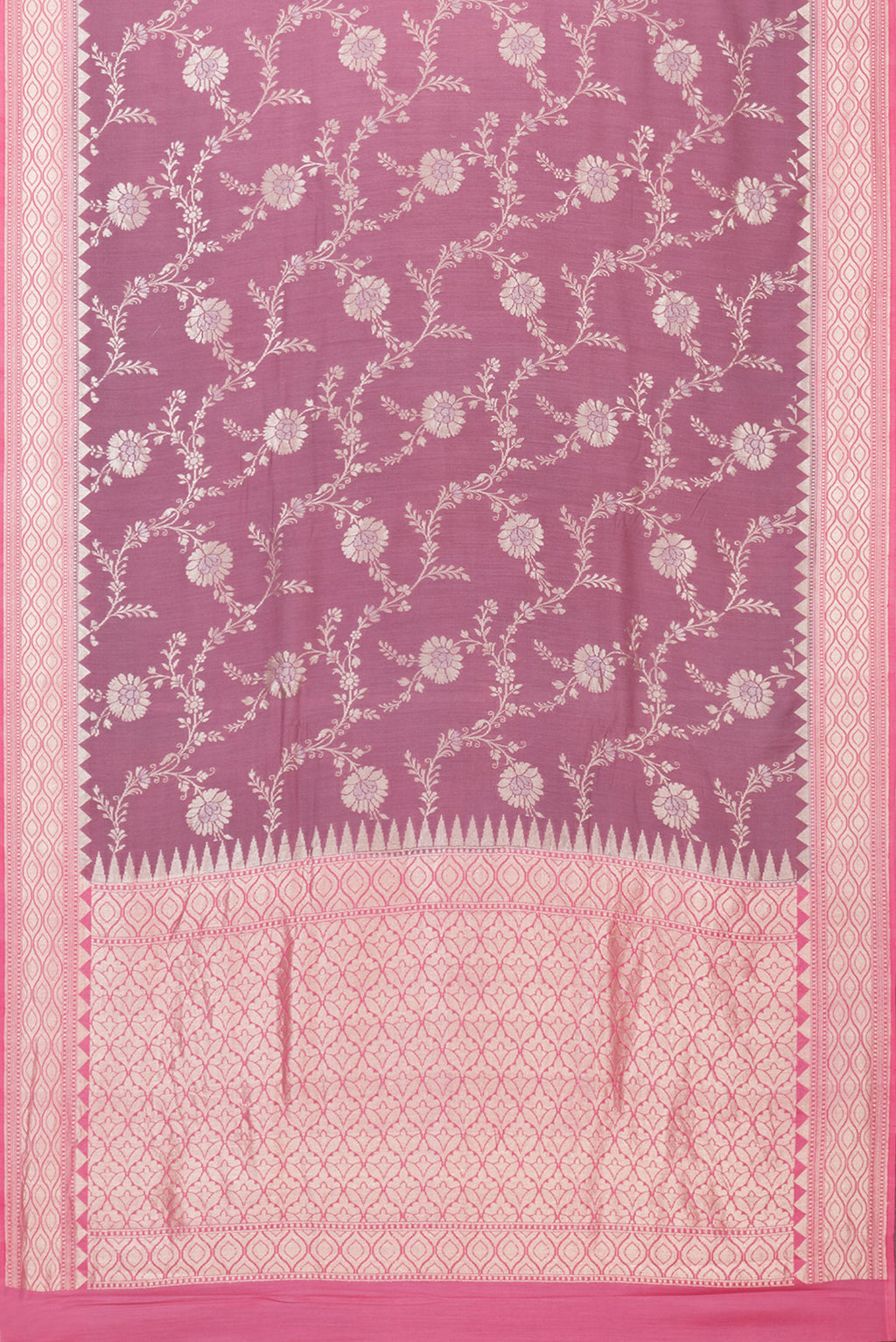 Flat view of Purple Banarasi Tussar Georgette Saree with Zari Brocade on the body and Zari Border. 