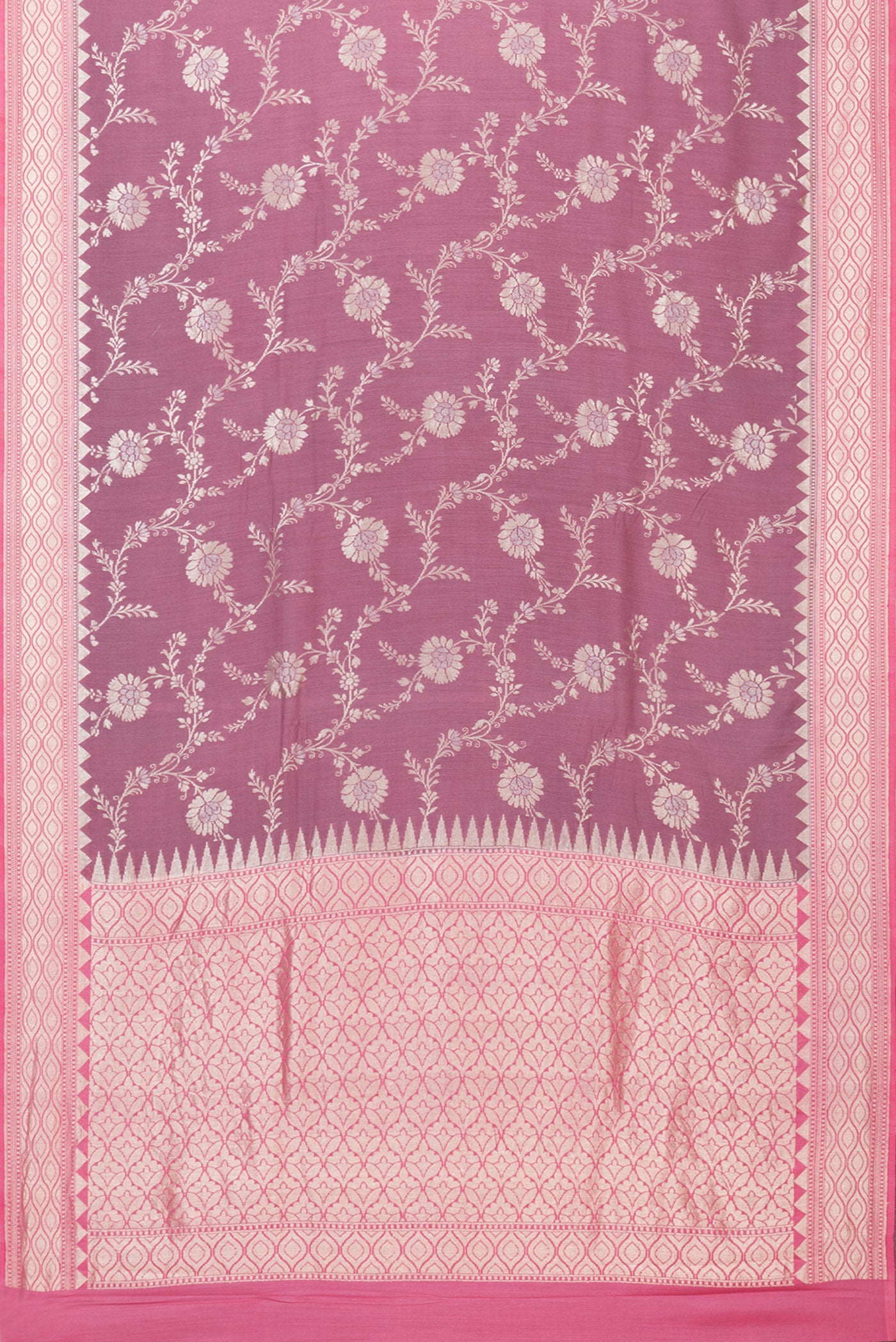 Flat view of Purple Banarasi Tussar Georgette Saree with Zari Brocade on the body and Zari Border. 