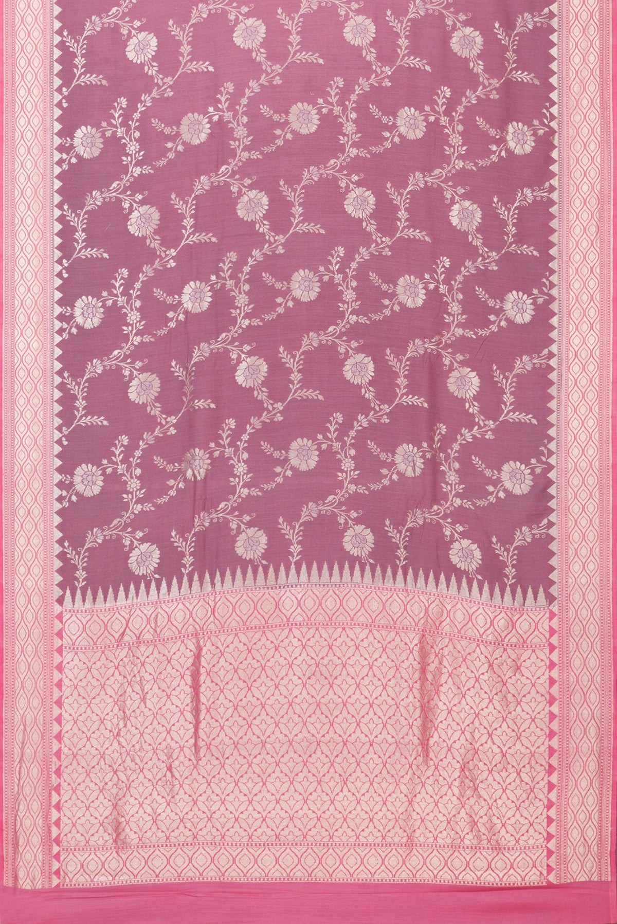 Flat view of Purple Banarasi Tussar Georgette Saree with Zari Brocade on the body and Zari Border. 