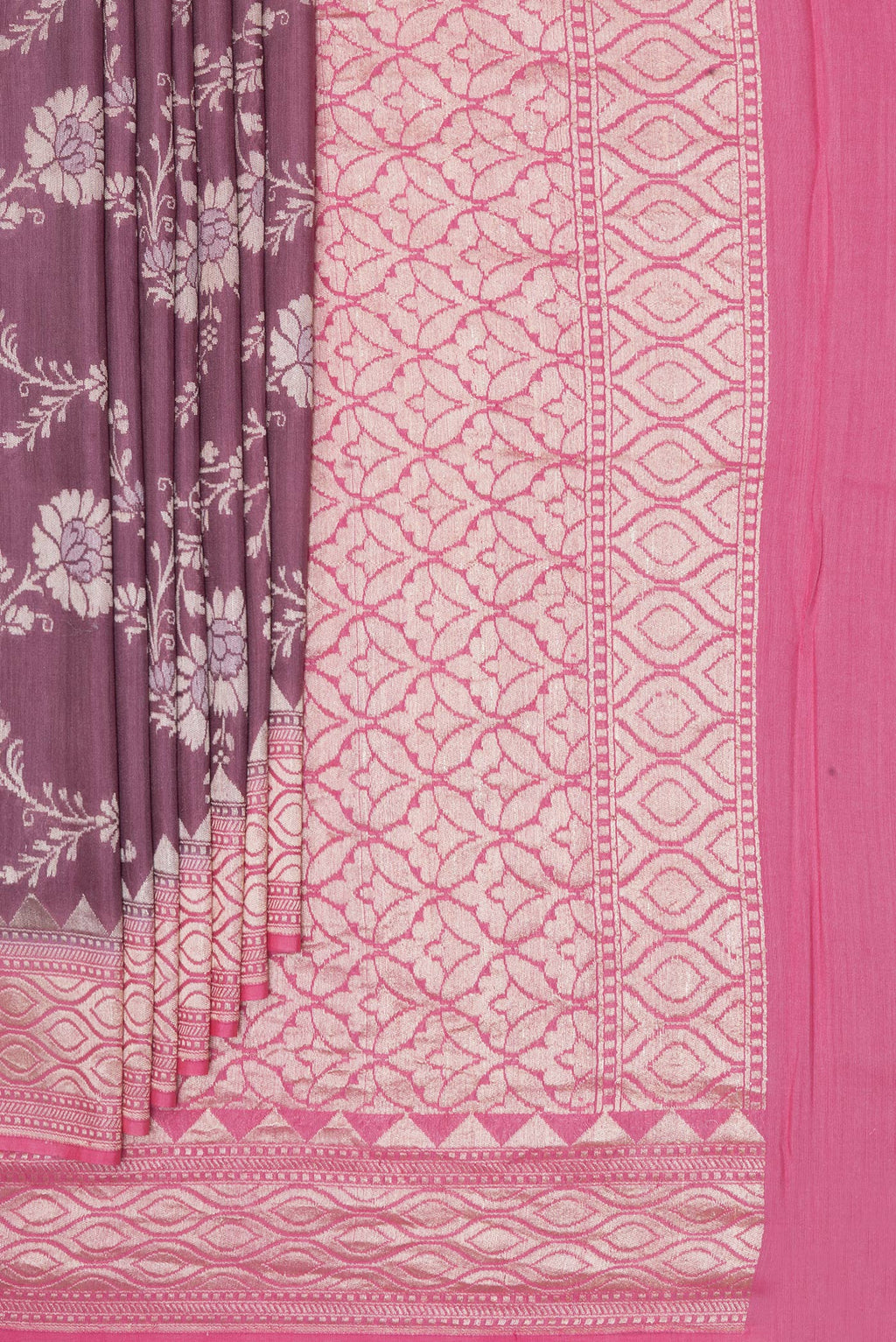 Pleats and pallu of Purple Banarasi Tussar Georgette Saree with Zari Brocade on the body and Zari Border. 