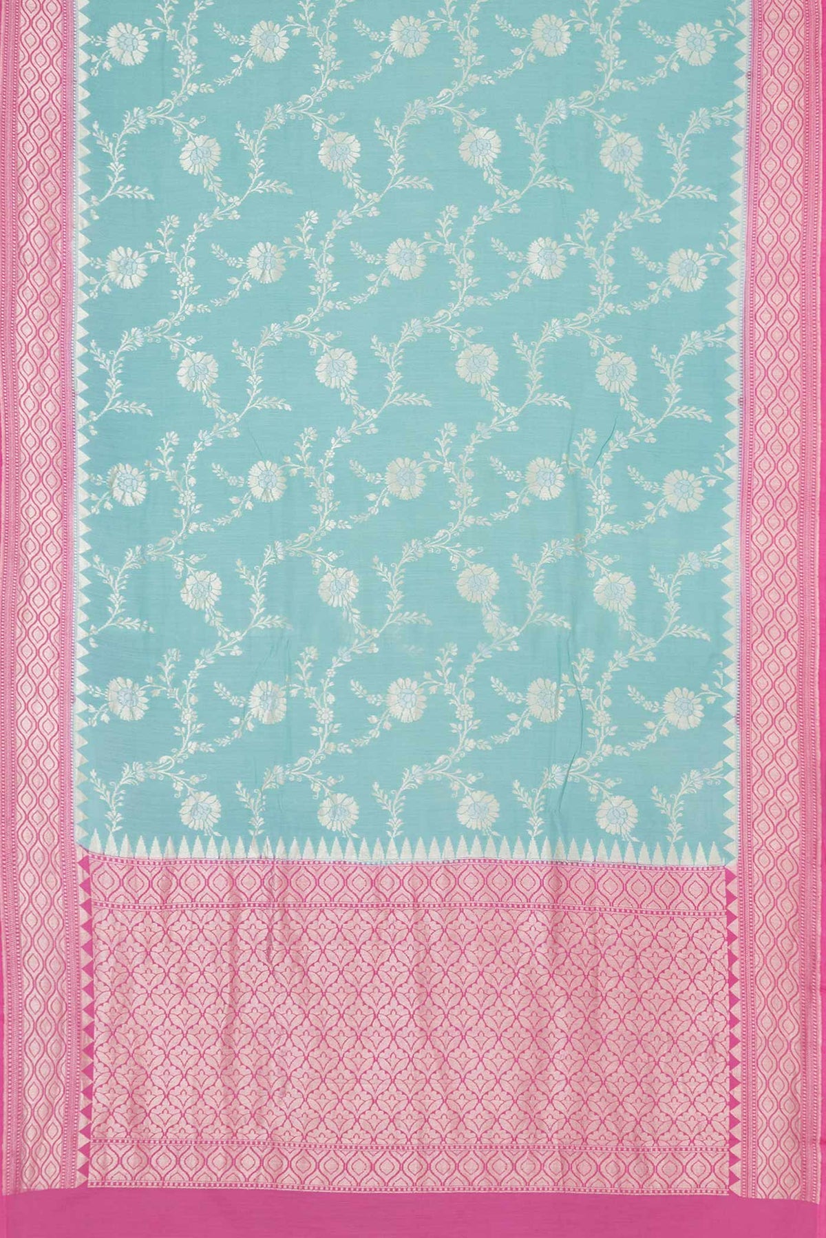 Flat view of Light Blue Dual Tone Tussar Silk Saree with Zari Butta on the body and Zari Border