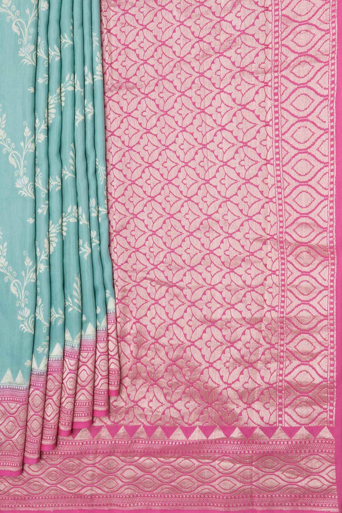 Pleats and pallu of Light Blue Dual Tone Tussar Silk Saree with Zari Butta on the body and Zari Border