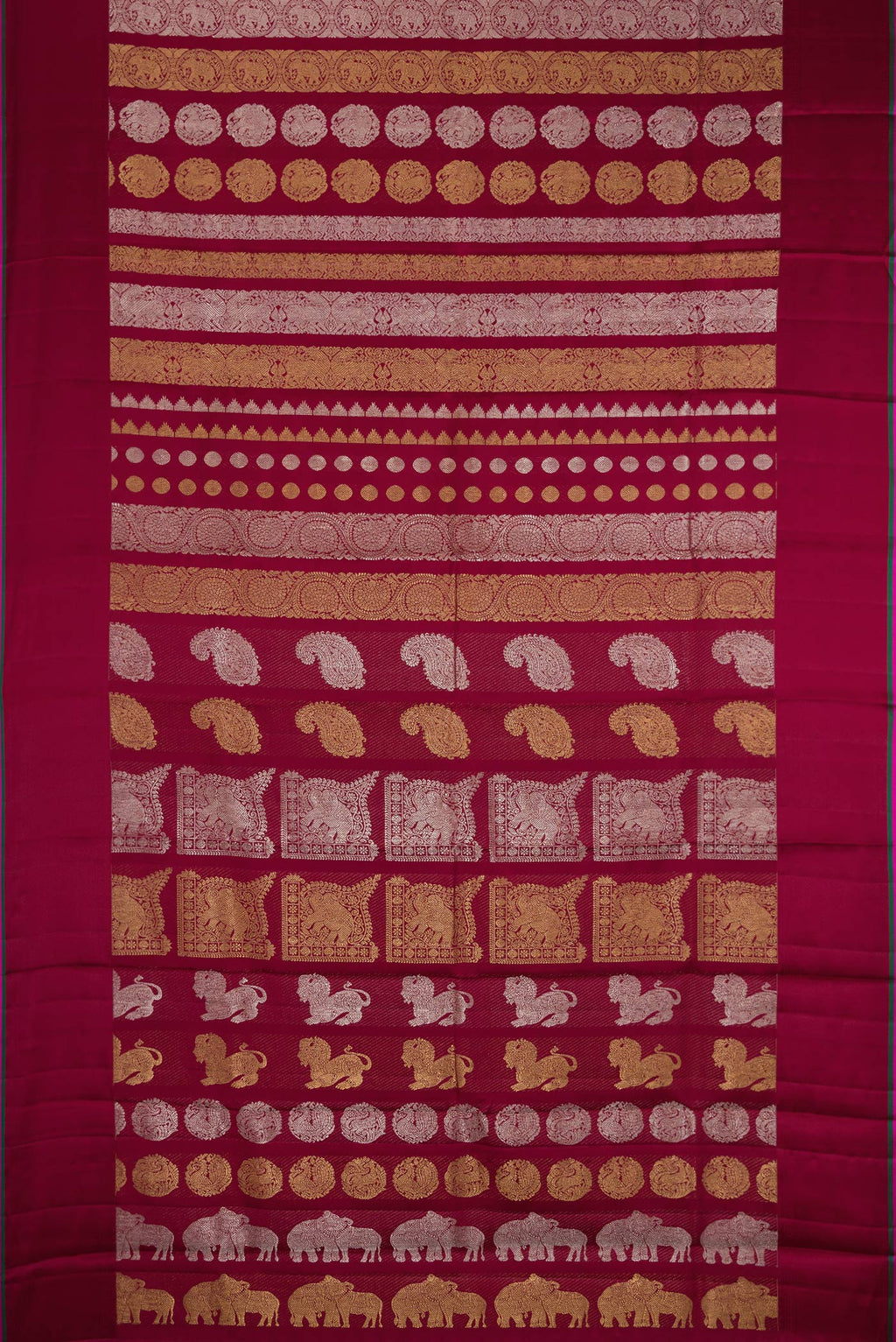 Flat view of Maroon Kanchipuram Silk Saree with Zari Brocade on the body and Thread Border. 