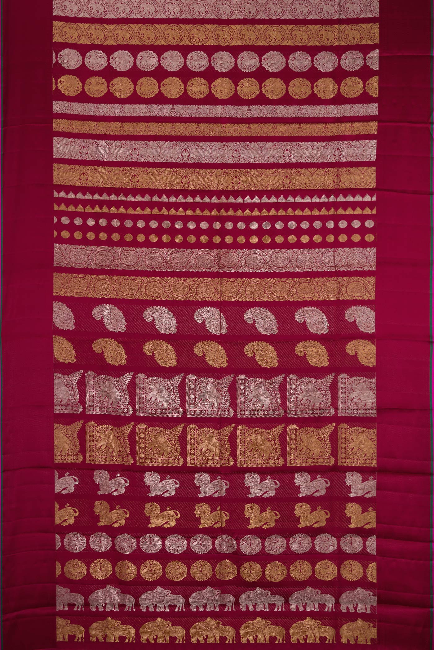 Flat view of Maroon Kanchipuram Silk Saree with Zari Brocade on the body and Thread Border. 