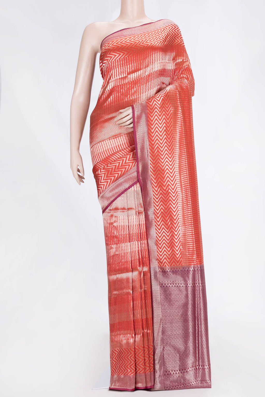 Red Dual Tone Banarasi Silk Saree with Zari Brocade on the body and Zari Border displayed on a mannequin