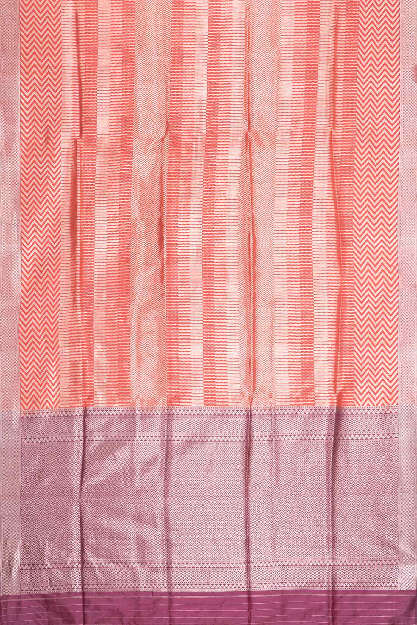 Flat view of Red Dual Tone Banarasi Silk Saree with Zari Brocade on the body and Zari Border