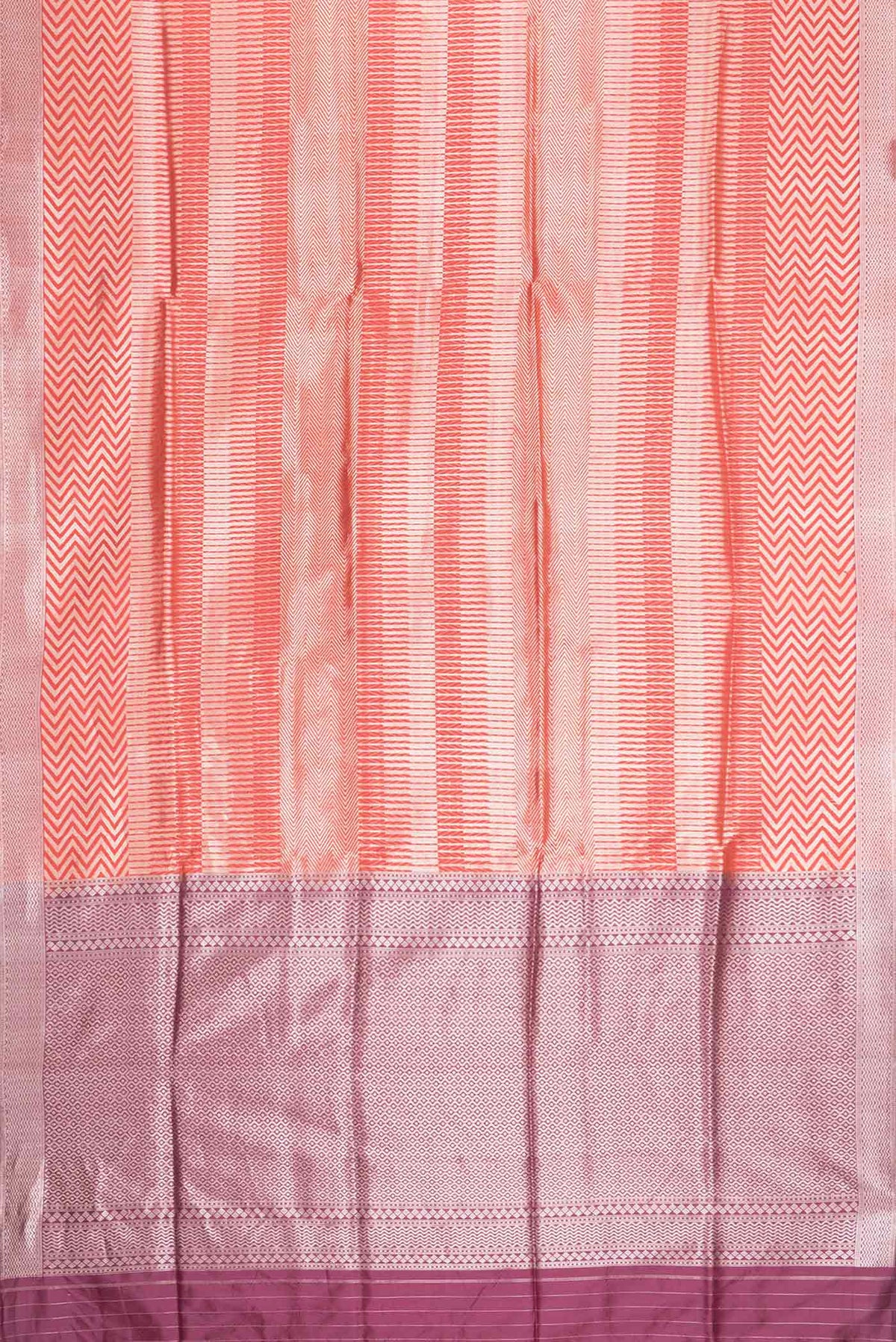 Flat view of Red Dual Tone Banarasi Silk Saree with Zari Brocade on the body and Zari Border