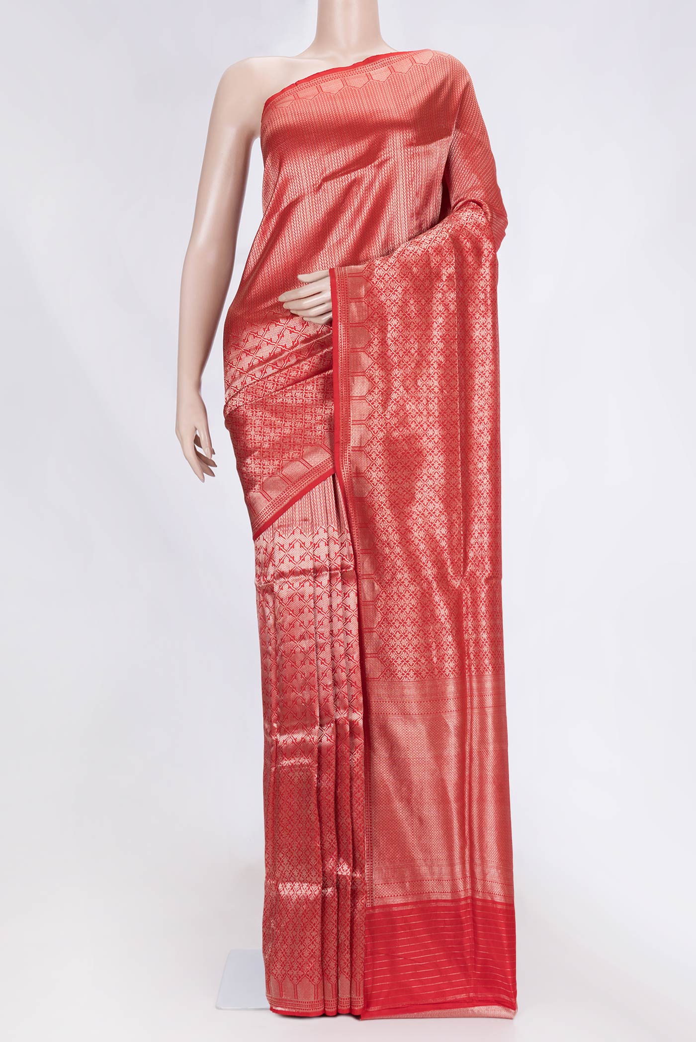 Red Dual Tone Banarasi Silk Saree with Zari Brocade on the body and Zari Border displayed on a mannequin