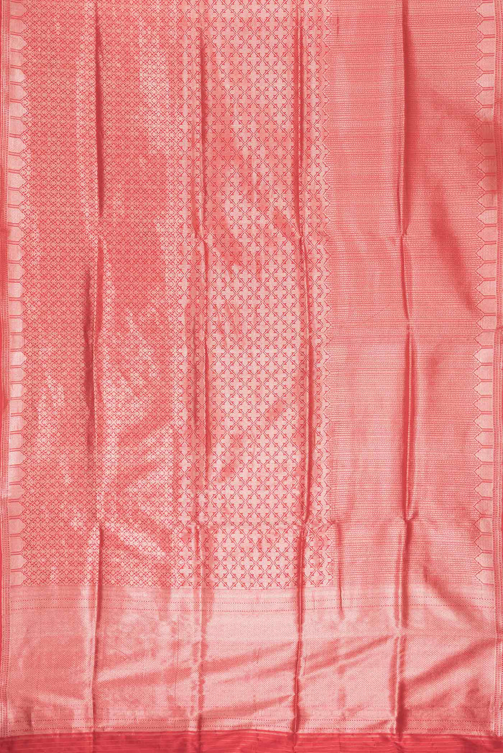 Flat view of Red Dual Tone Banarasi Silk Saree with Zari Brocade on the body and Zari Border