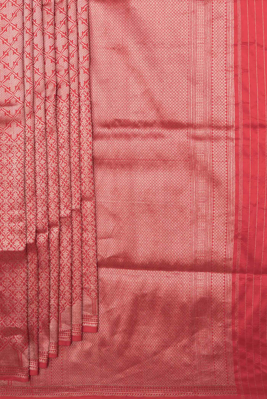 Pleats and pallu of Red Dual Tone Banarasi Silk Saree with Zari Brocade on the body and Zari Border