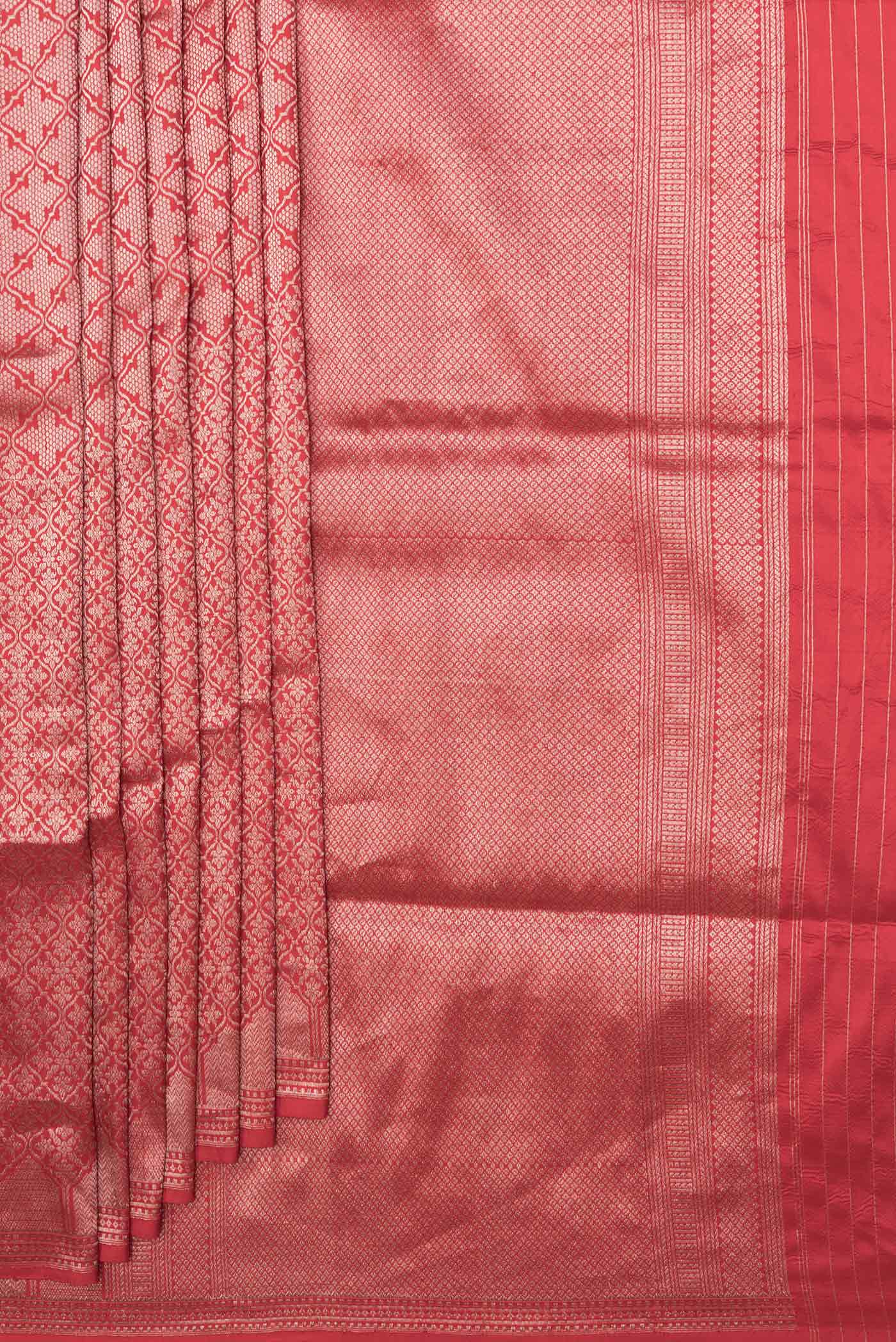 Pleats and pallu of Red Dual Tone Banarasi Silk Saree with Zari Brocade on the body and Zari Border