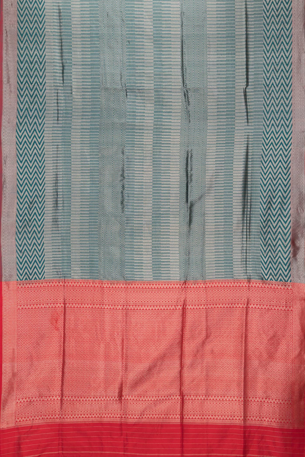 Flat view of Green Dual Tone Banarasi Silk Saree with Zari Brocade on the body and Zari Border. 