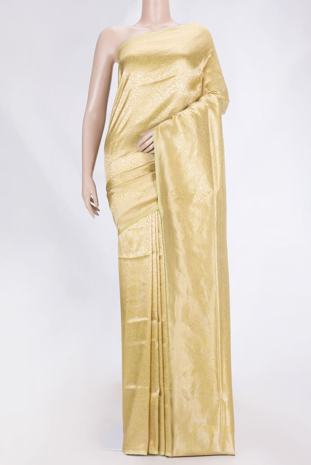 Light Green with Yellow Color Banarasi Silk Saree with Zari Brocade on the body and Zari Border displayed on a mannequin