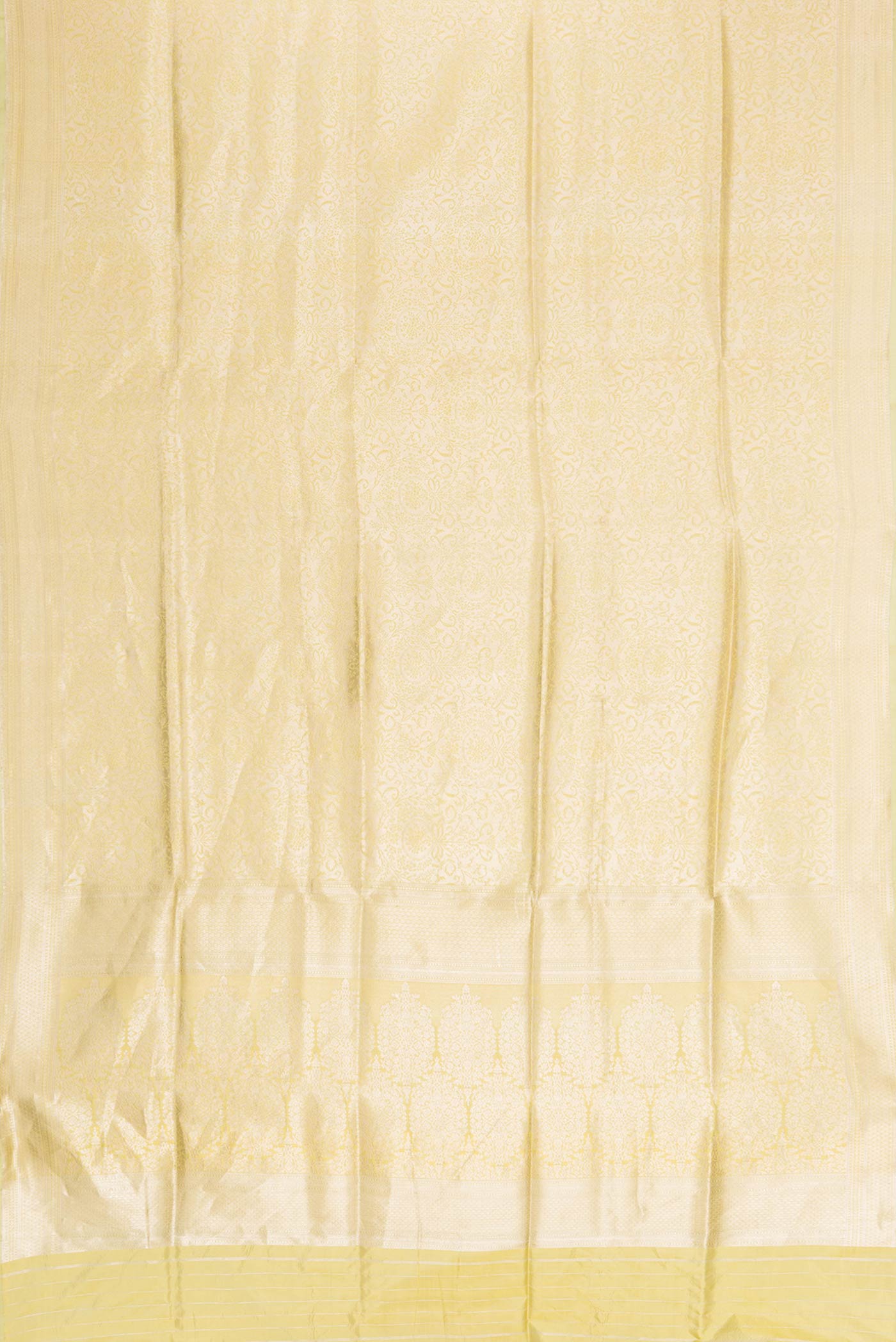 Flat view of Light Green with Yellow Color Banarasi Silk Saree with Zari Brocade on the body and Zari Border