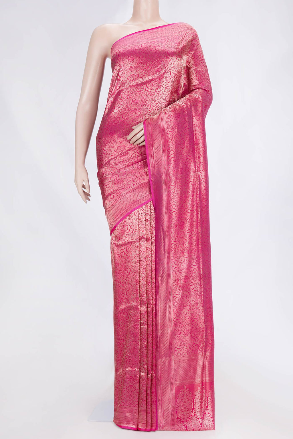 Pink Dual Tone Banarasi Silk Saree with Zari Brocade on the body and Zari Border displayed on a mannequin