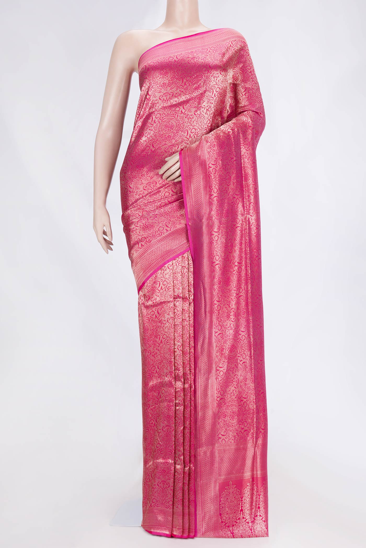 Pink Dual Tone Banarasi Silk Saree with Zari Brocade on the body and Zari Border displayed on a mannequin