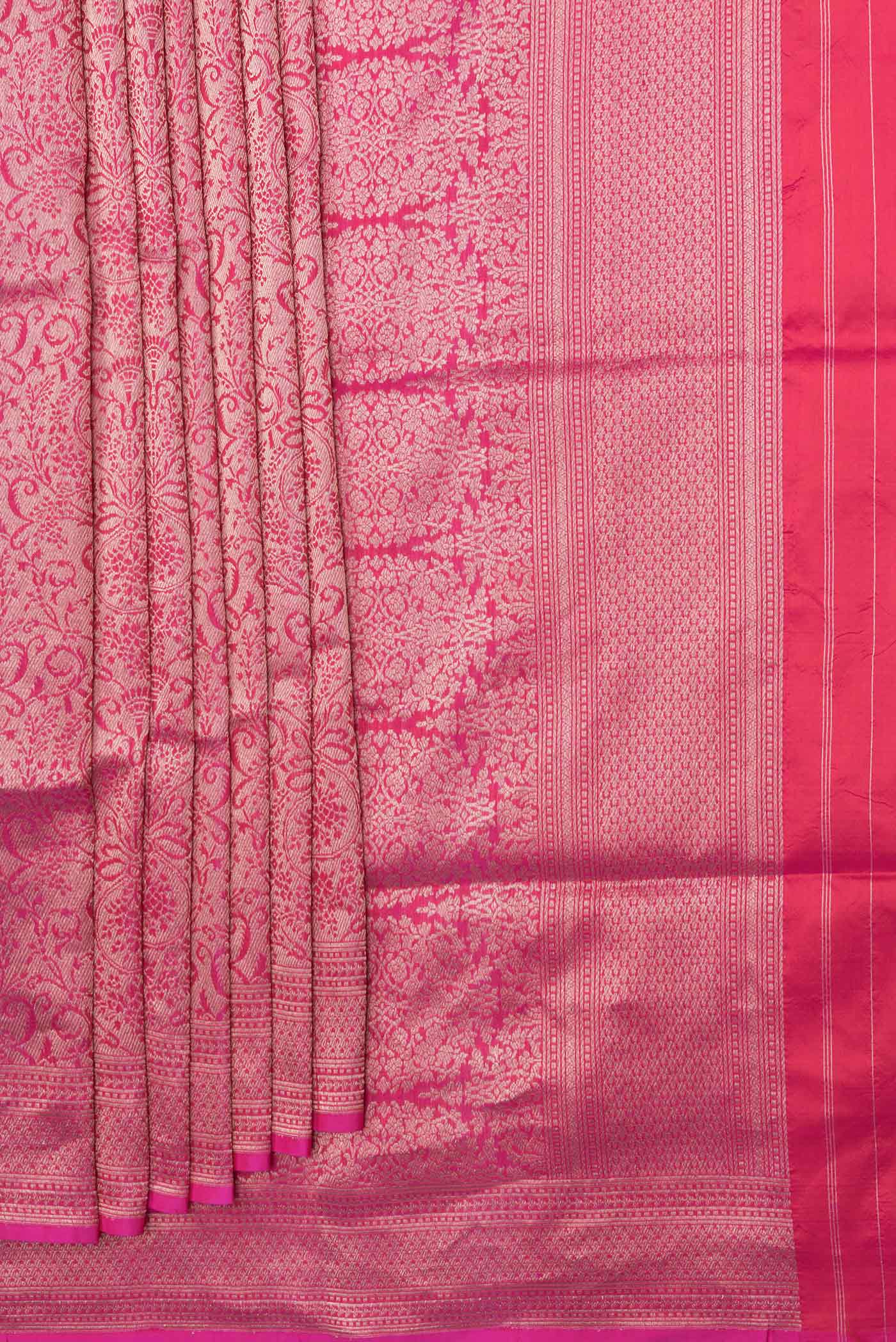 Pleats and pallu of Pink Dual Tone Banarasi Silk Saree with Zari Brocade on the body and Zari Border