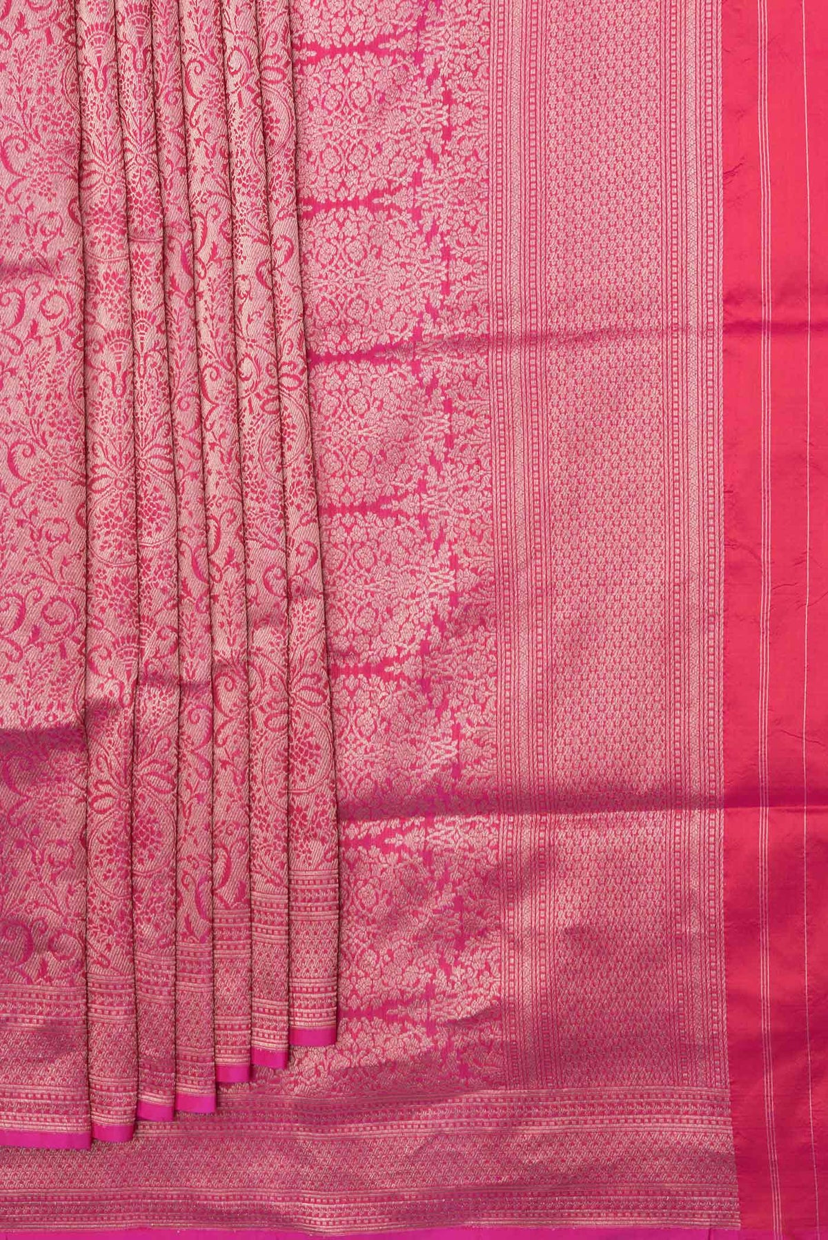 Pleats and pallu of Pink Dual Tone Banarasi Silk Saree with Zari Brocade on the body and Zari Border