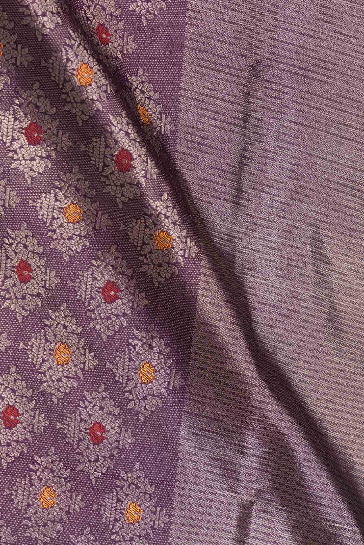 Close up of Purple Banarasi Silk Saree with Zari Brocade on the body and Zari Border displaying folds