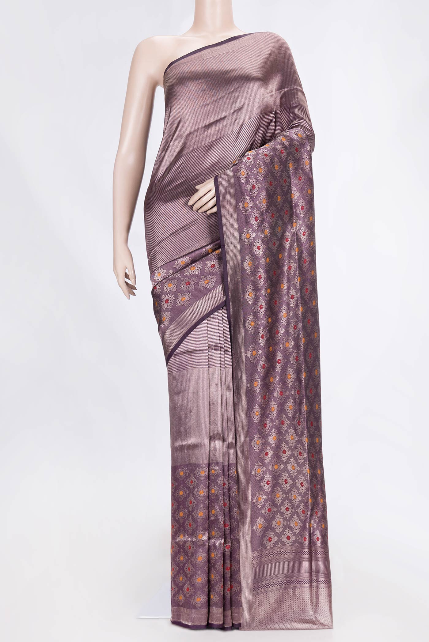 Purple Banarasi Silk Saree with Zari Brocade on the body and Zari Border displayed on a mannequin
