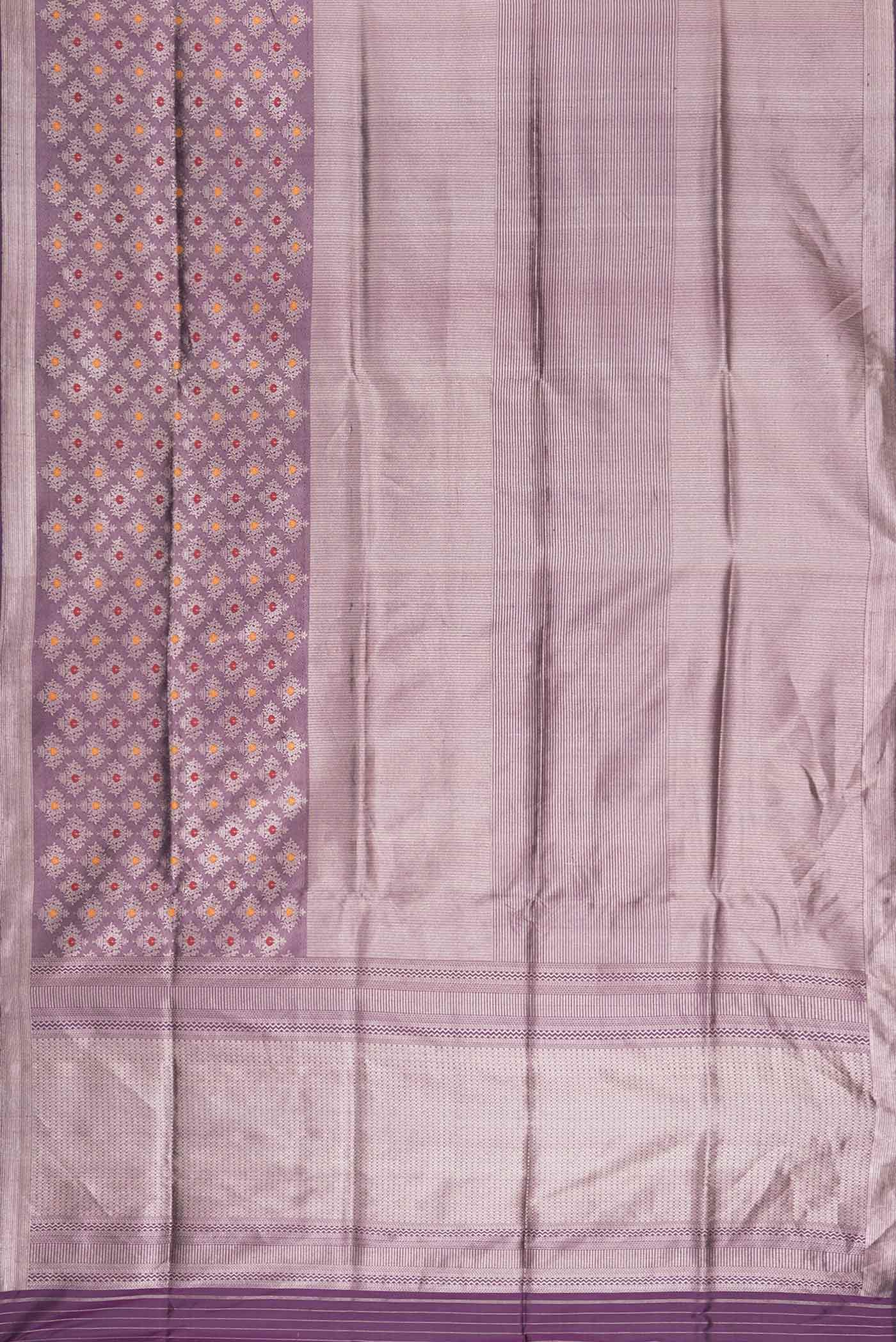 Flat view of Purple Banarasi Silk Saree with Zari Brocade on the body and Zari Border