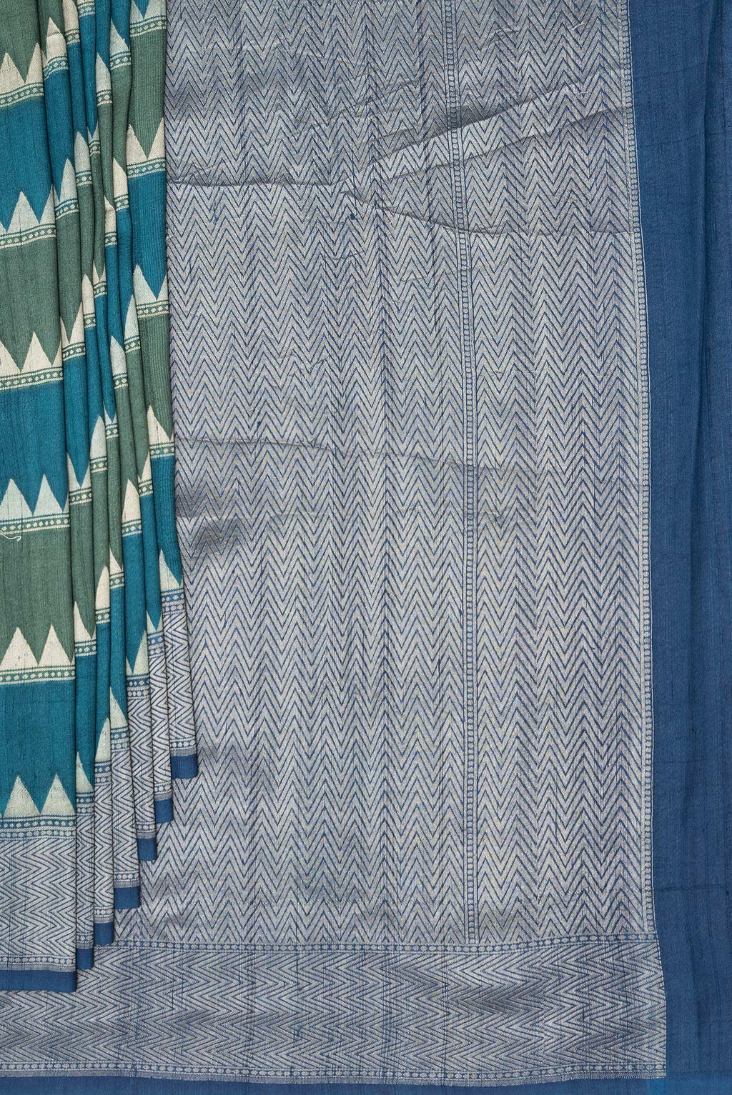 Pleats and pallu of Multi Color Tussar Silk Saree with Stripes on the body and Zari Border. 