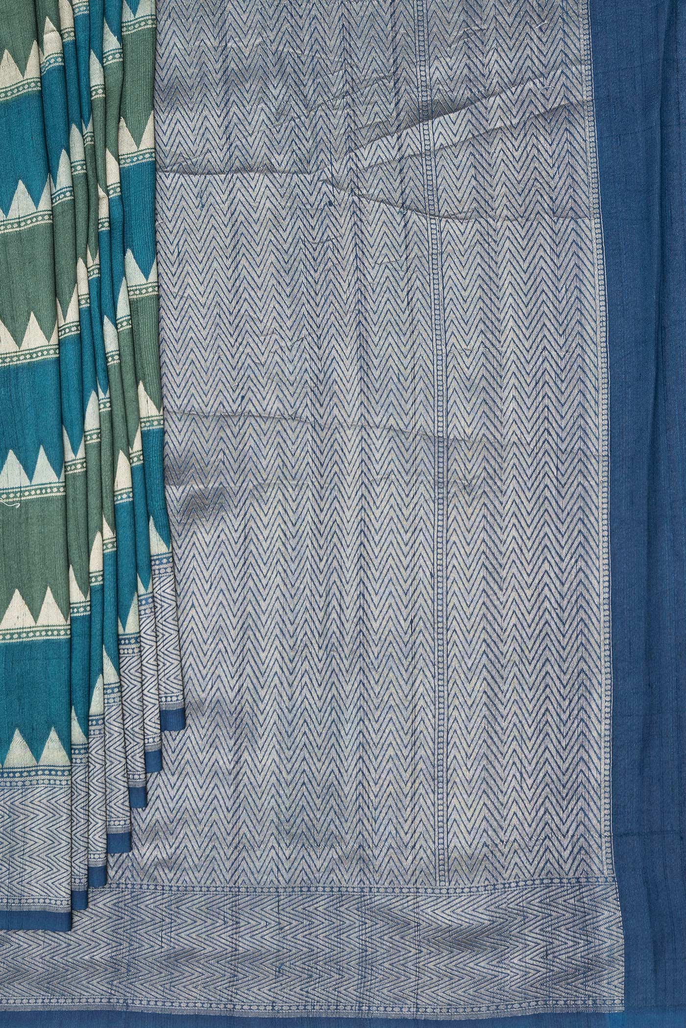 Pleats and pallu of Multi Color Tussar Silk Saree with Stripes on the body and Zari Border. 
