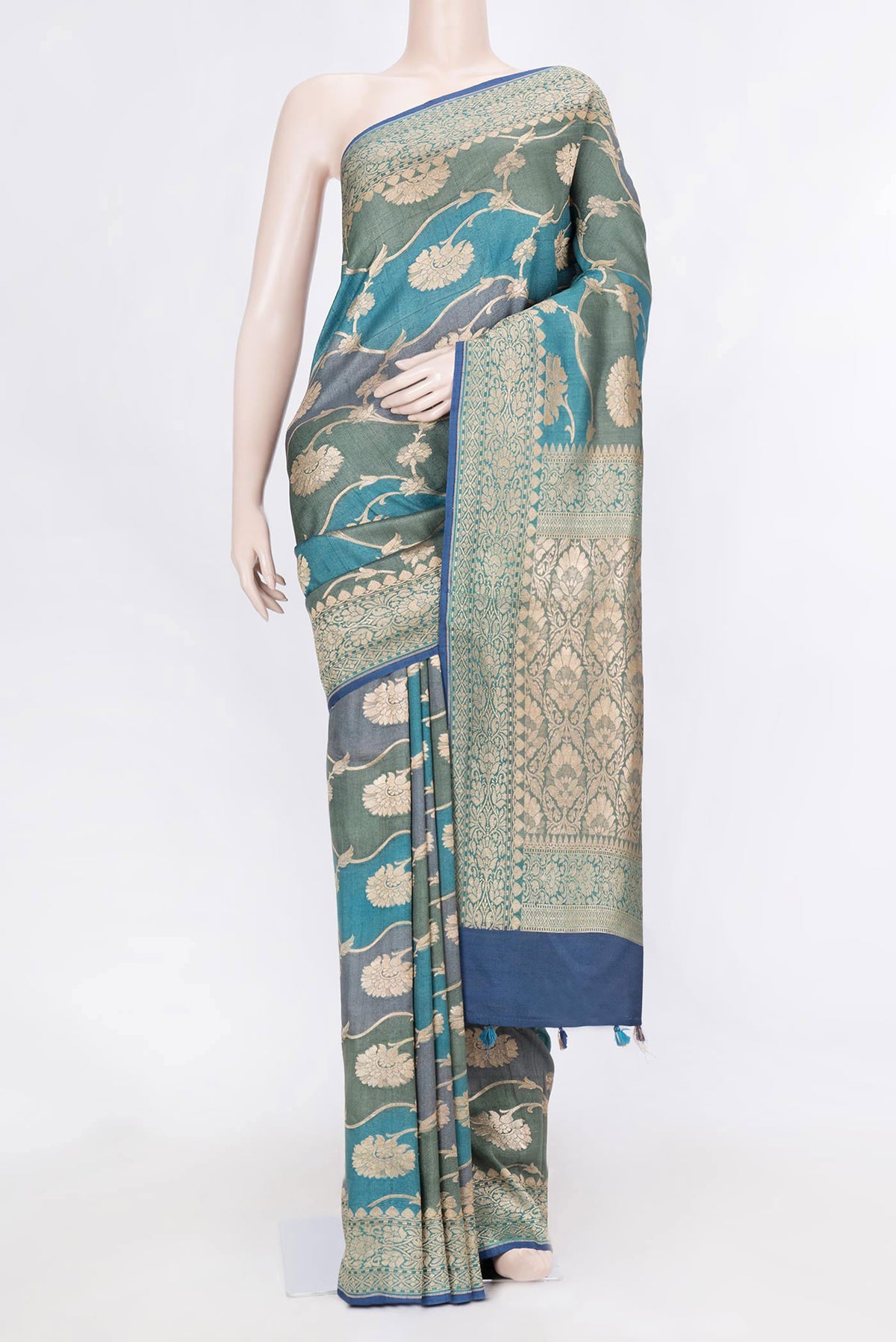 Peacock Blue Dual Tone Banarasi Georgette Saree with Zari Brocade on the body and Zari Border displayed on a mannequin