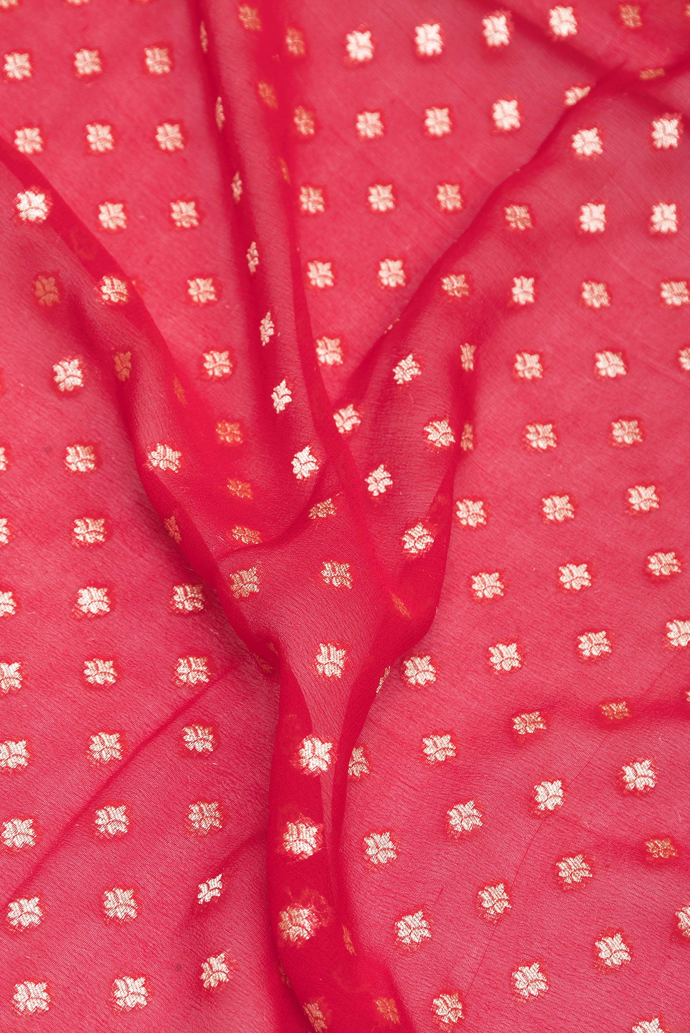 Close up of Red Banarasi Georgette Saree with Zari Brocade on the body and Zari Border.  displaying folds