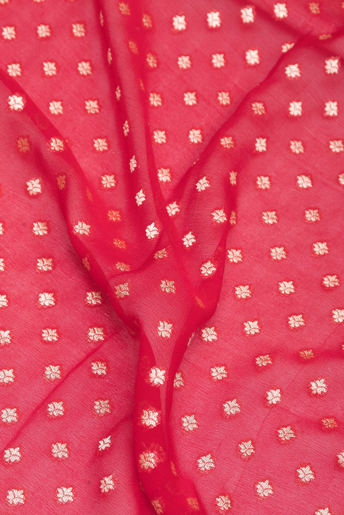 Close up of Red Banarasi Georgette Saree with Zari Brocade on the body and Zari Border.  displaying folds