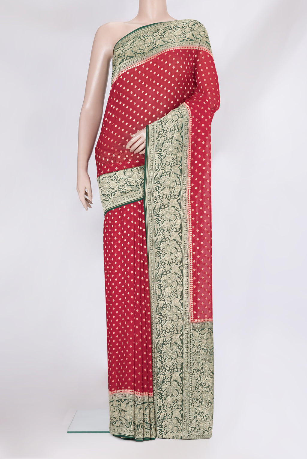 Red Banarasi Georgette Saree with Zari Brocade on the body and Zari Border.  displayed on a mannequin